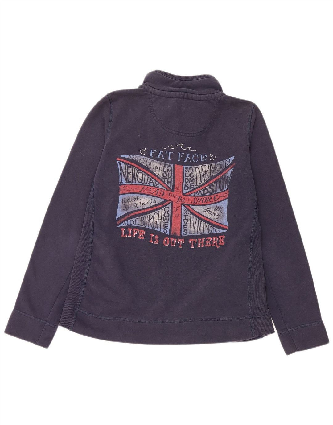 Felpa da donna con collo con bottoni grafici Fat Face, maglione UK 14, grande, blu navy
