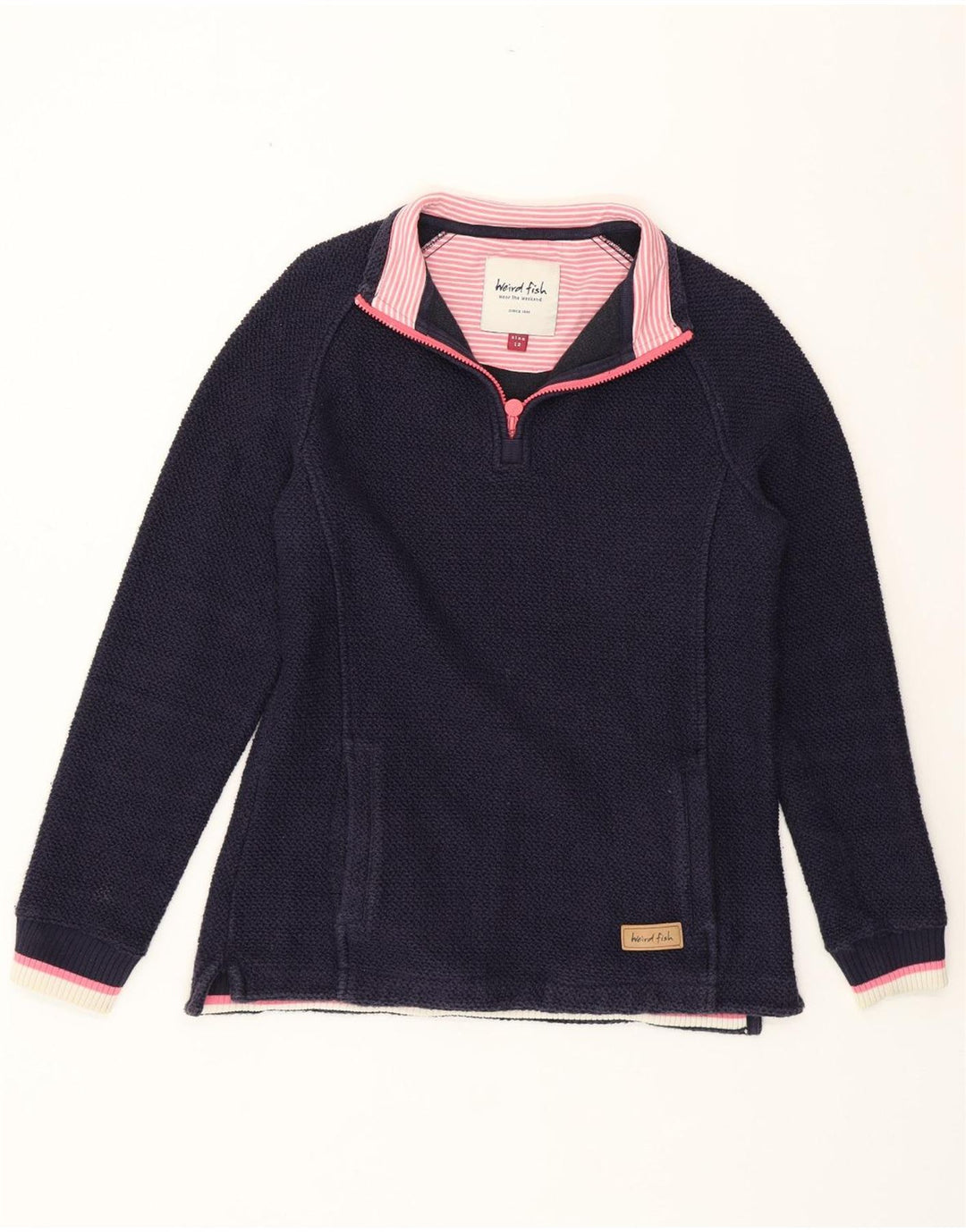 WEIRD FISH Womens Zip Neck Sweatshirt Jumper UK 12 Medium Navy Blue Cotton Vintage Weird Fish and Second-Hand Weird Fish from Messina Hembry 