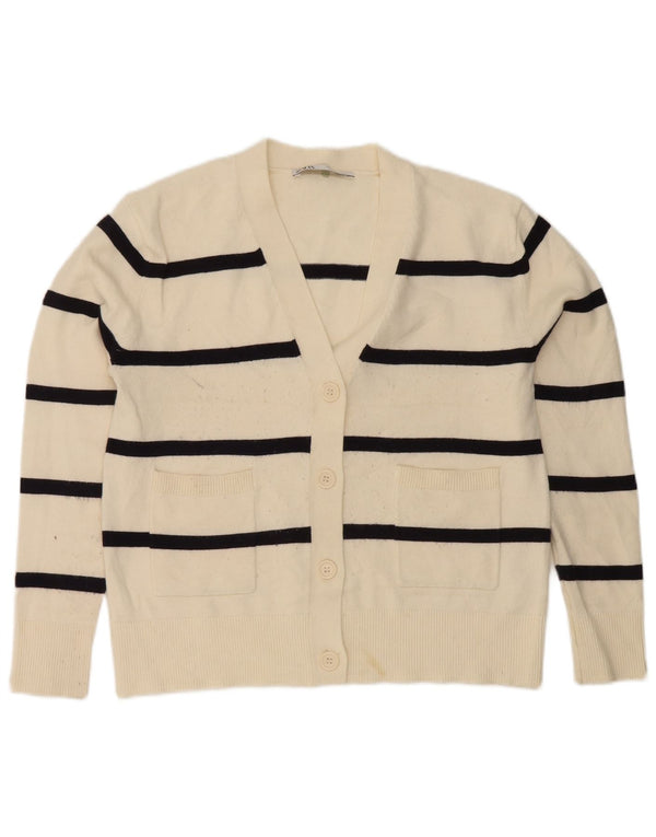 Maglione cardigan oversize da donna Zara UK 6 XS viscosa a righe bianco sporco