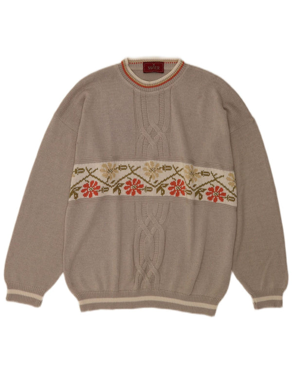 Maglione girocollo da uomo vintage in cotone floreale grigio XL