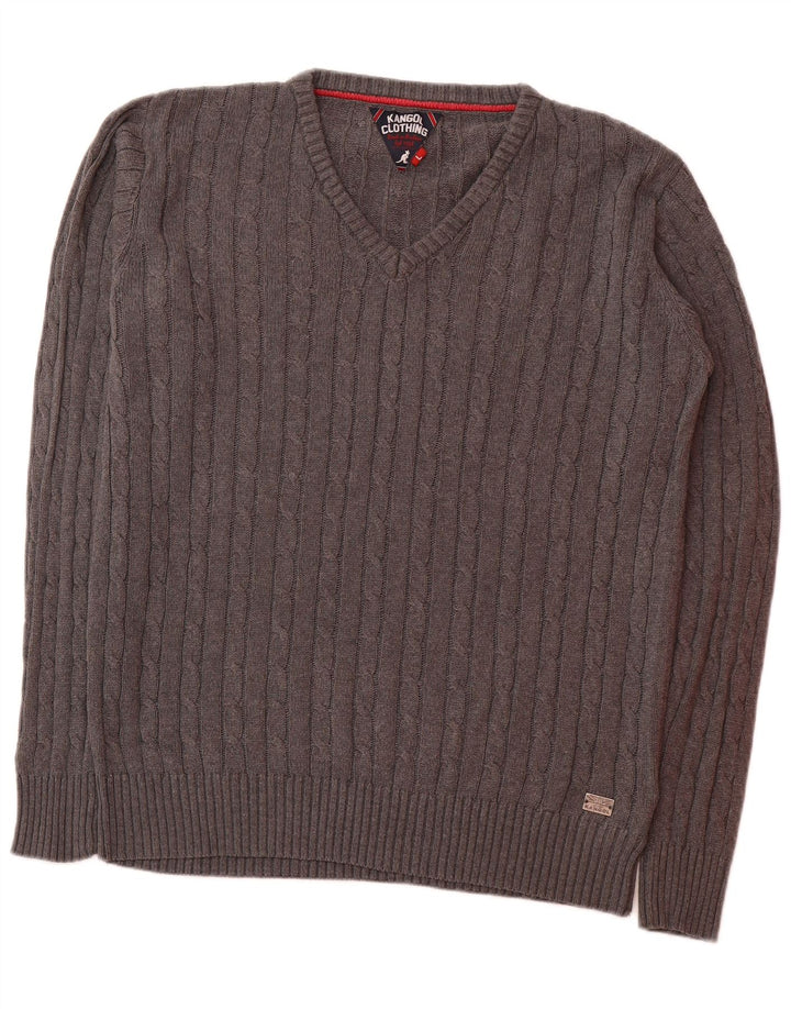 KANGOL Mens V-Neck Jumper Sweater Large Grey Cotton