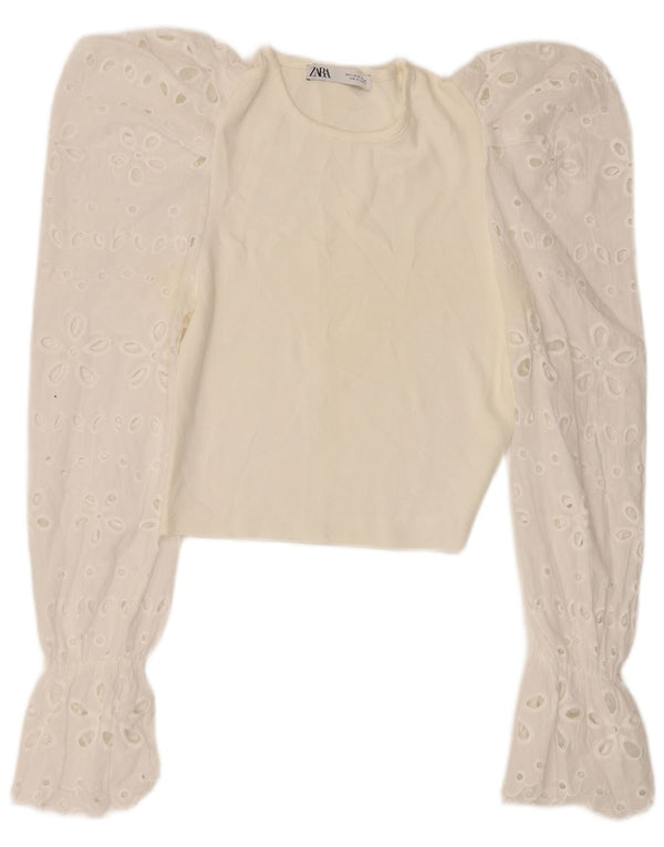 Top corto da donna Zara a maniche lunghe UK 8 piccolo bianco floreale