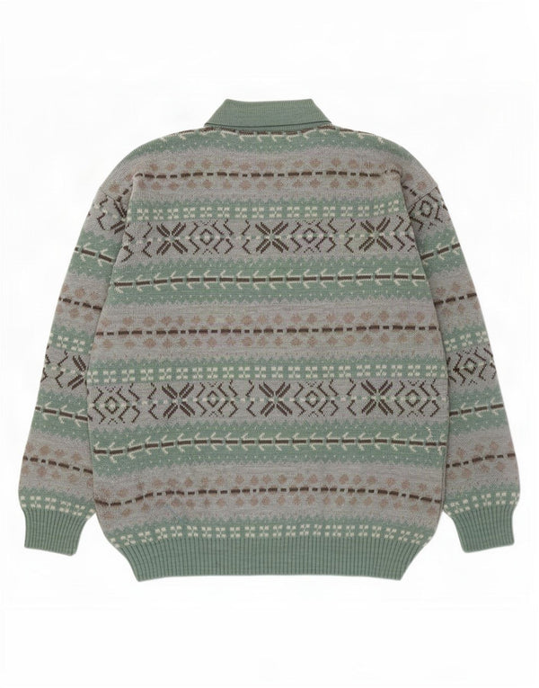 Vintage Mens Polo Neck Jumper Sweater XL Green Fair Isle