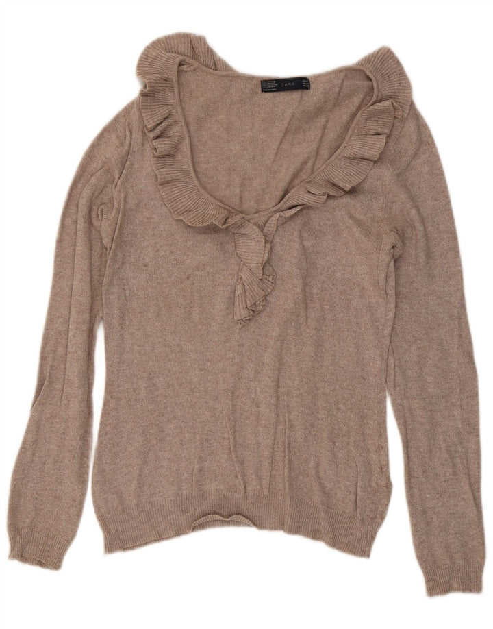 Maglione Zara da donna con scollo a V con volant sul davanti UK 12 Beige medio screziato