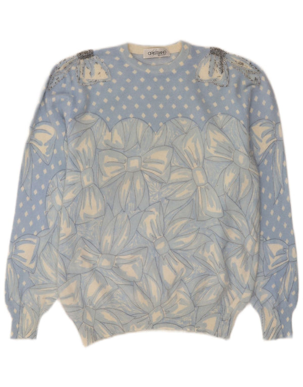 Maglione maglione girocollo da donna vintage UK 12 Angora floreale blu medio