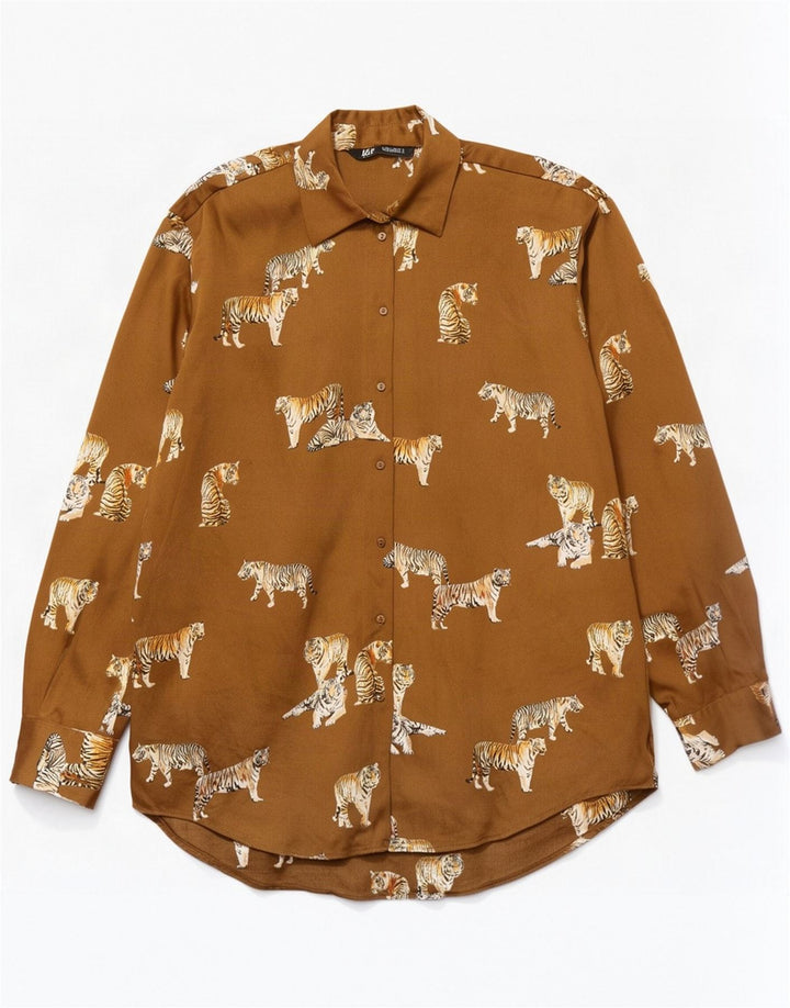 Zara, camicia oversize da donna, camicetta UK 10, piccola, in poliestere con stampa animalier beige