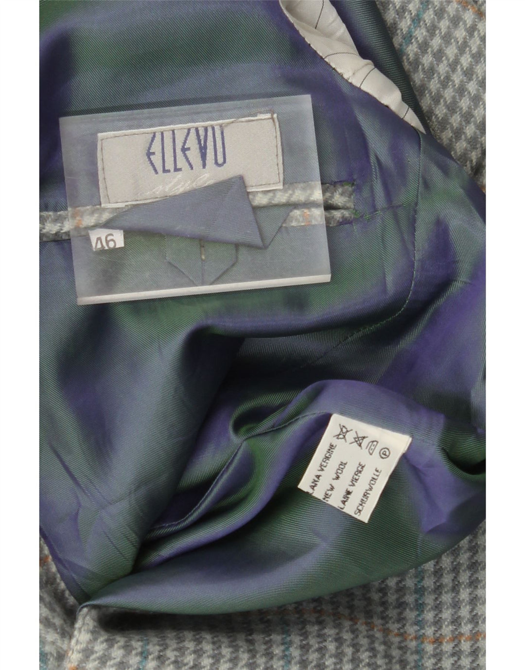 Giacca blazer da uomo a 2 bottoni VINTAGE IT 46 piccolo grigio pied de poule in lana vergine