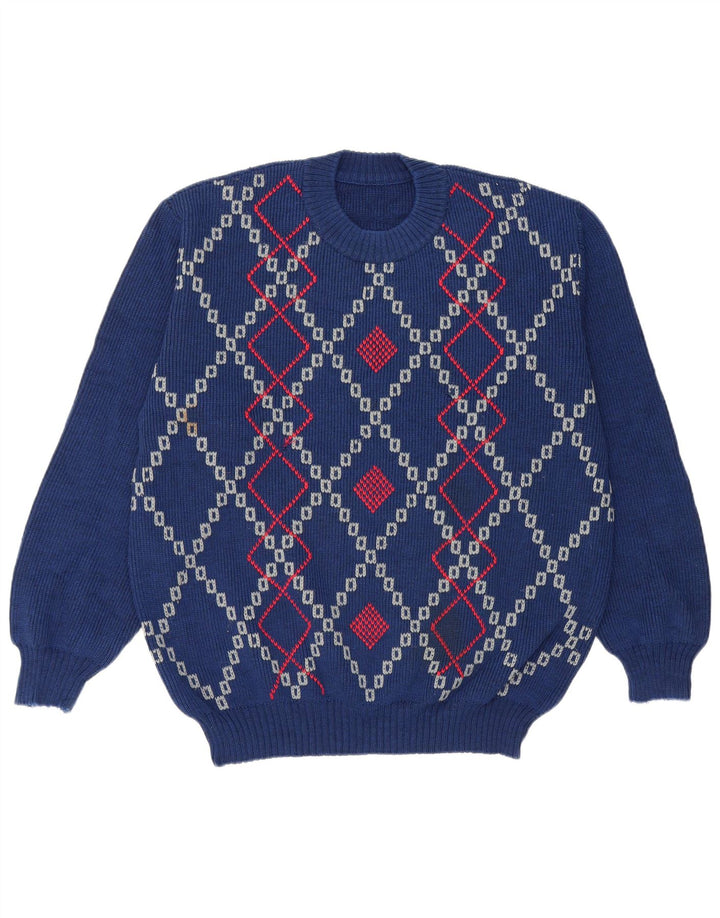 Maglione maglione girocollo da uomo vintage grande blu a rombi/diamante