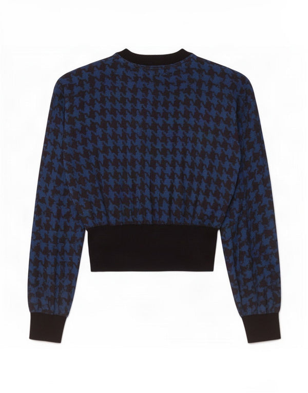 Top camicetta a maniche lunghe da donna vintage UK 12 cotone pied de poule blu medio