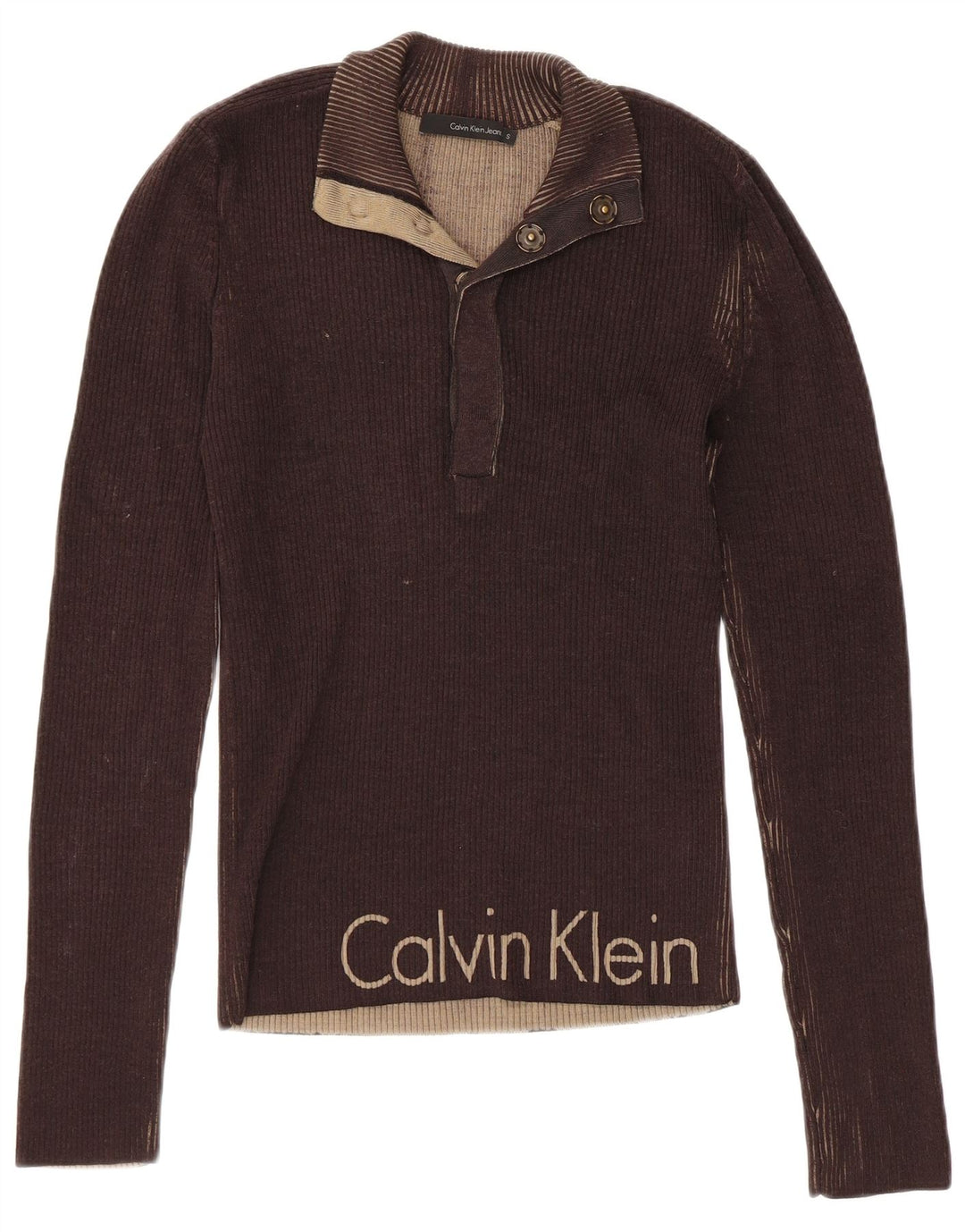 CALVIN KLEIN JEANS Maglione da donna con collo a bottoni UK 10 Piccolo Marrone