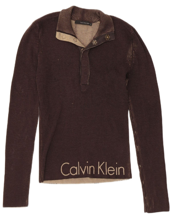 CALVIN KLEIN JEANS Maglione da donna con collo a bottoni UK 10 Piccolo Marrone