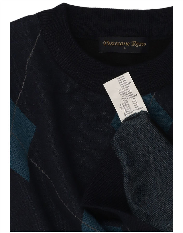 Maglione girocollo da uomo vintage grande in lana a rombi/diamante blu navy