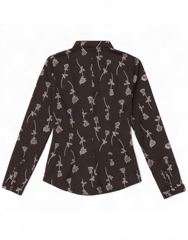 Camicia camicia vintage da donna UK 12 Poliestere nero medio floreale