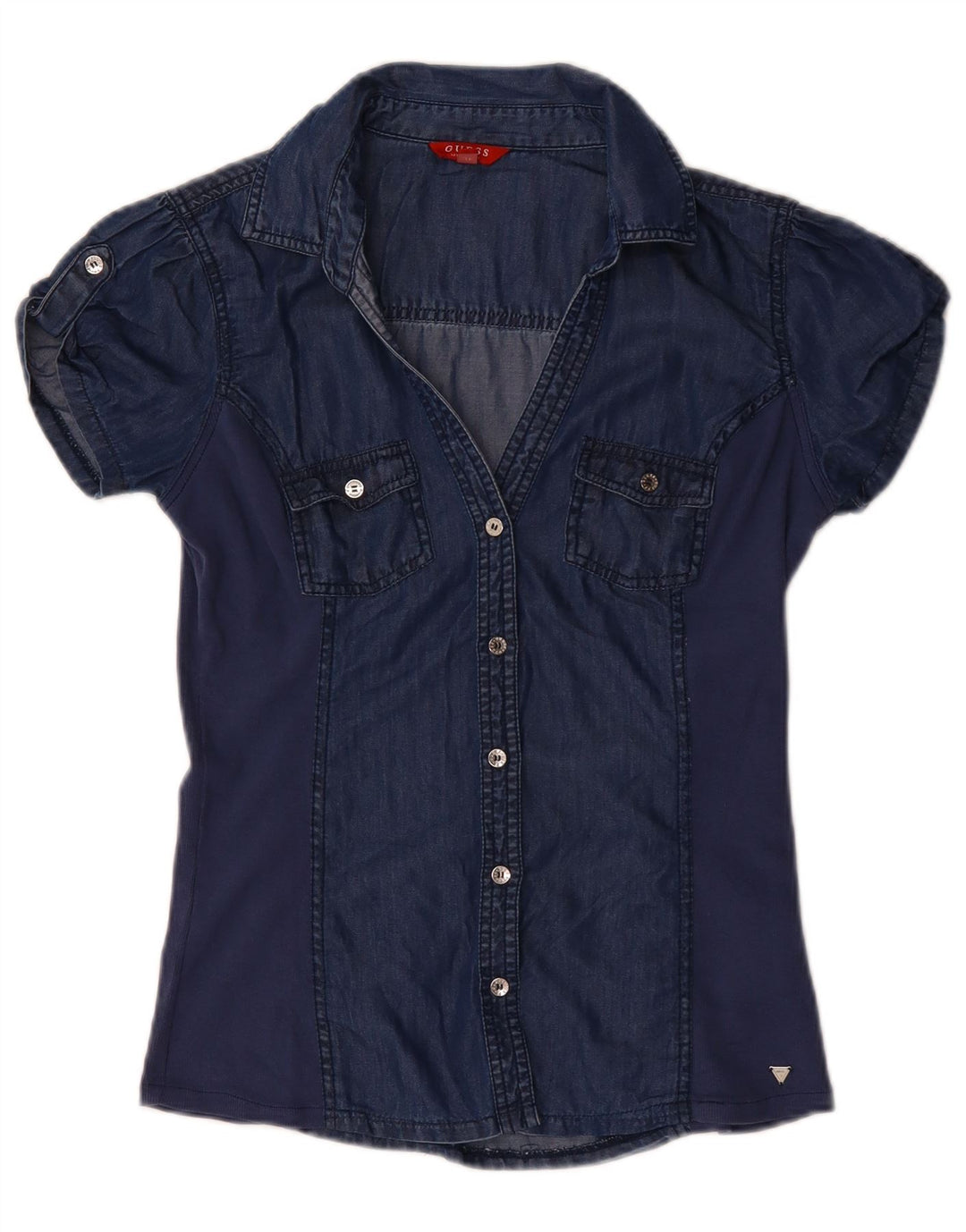 GUESS Camicia in denim a maniche corte da donna Camicetta UK 12 Tencel medio blu navy