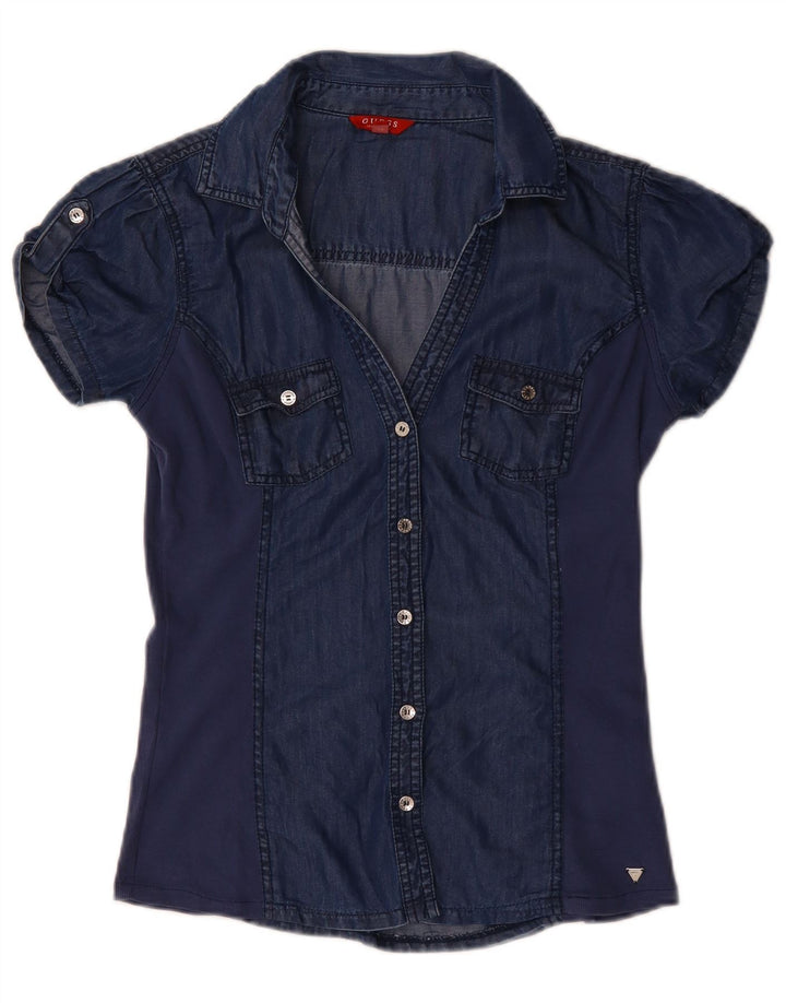 GUESS Camicia in denim a maniche corte da donna Camicetta UK 12 Tencel medio blu navy
