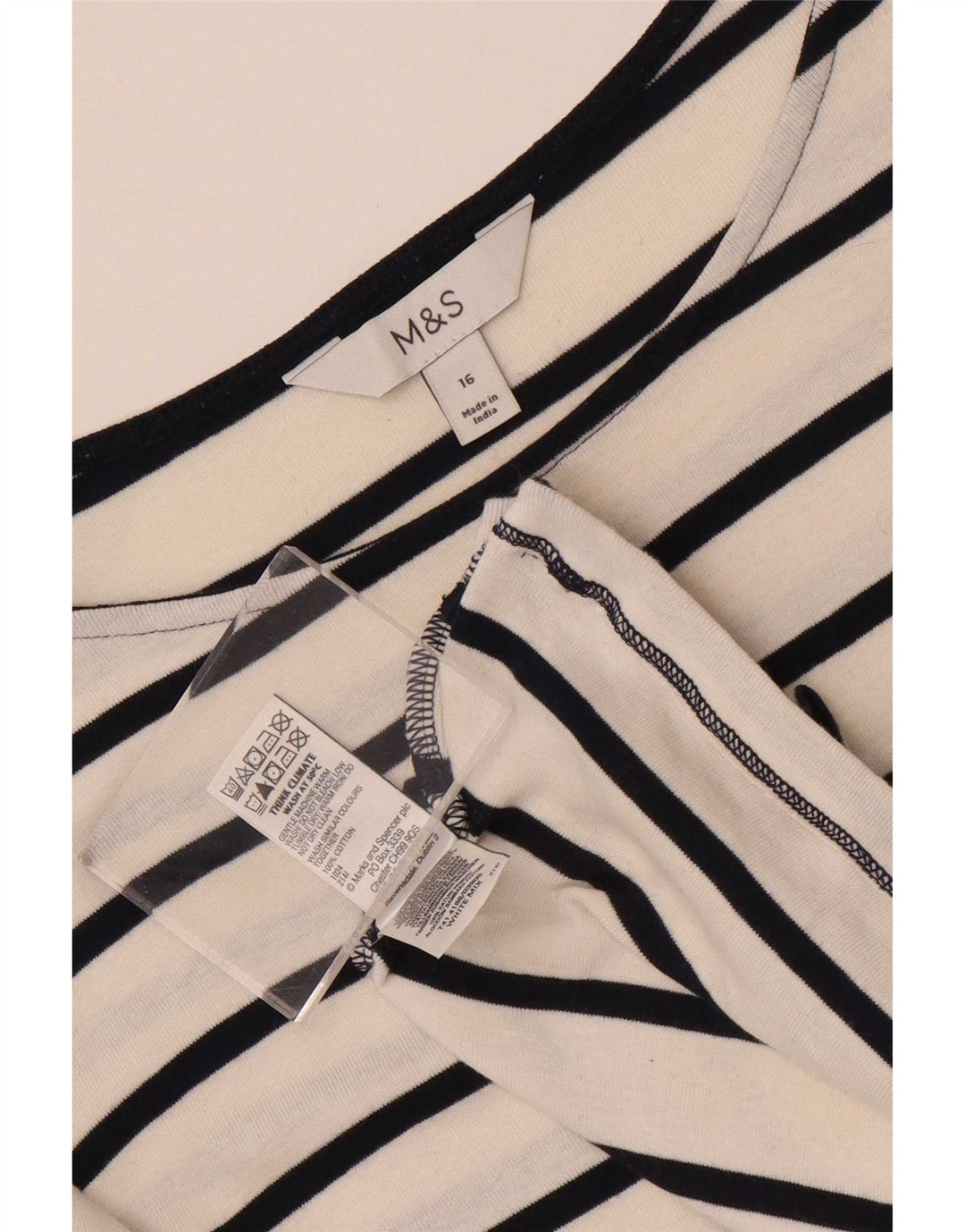 Marks & Spencer Top da donna manica 3/4 UK 16 grande cotone a righe bianche