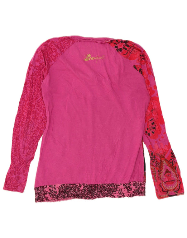 Desigual Donna Graphic Top Manica Lunga UK 14 Cotone Floreale Rosa Medio