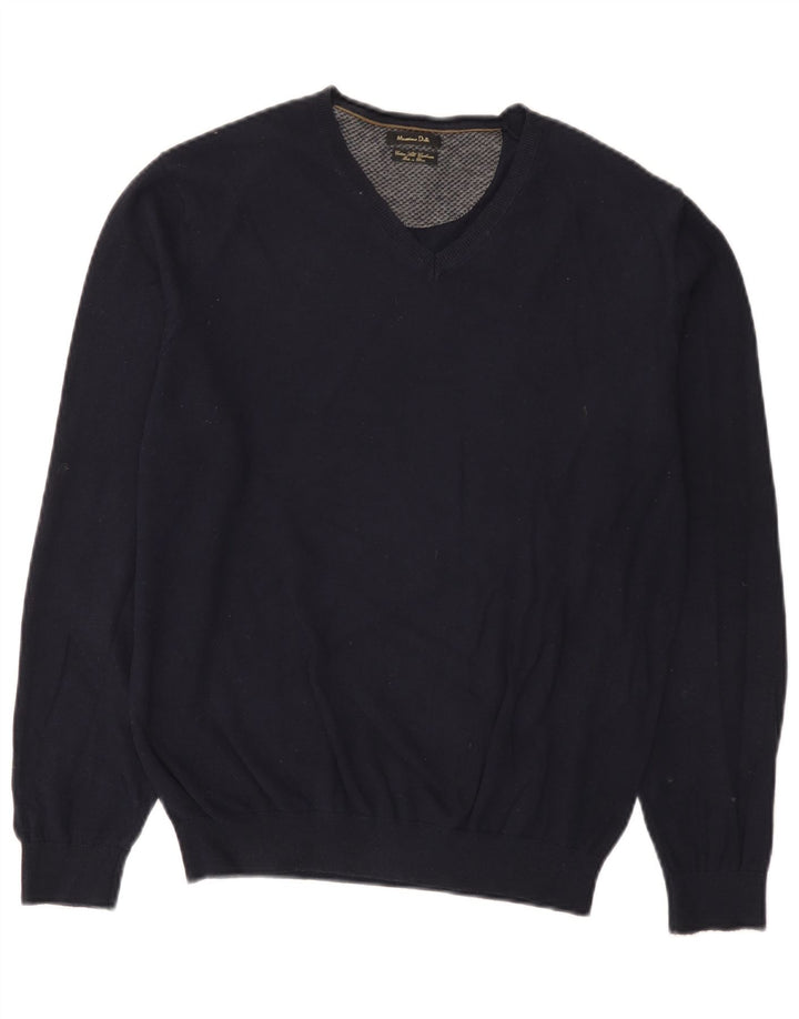 Massimo Dutti Maglione da uomo con scollo a V grande in cotone blu navy