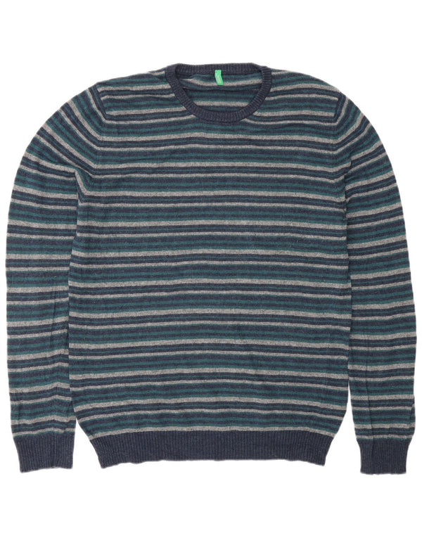 BENETTON Mens Crew Neck Jumper Sweater Large Navy Blue Striped Wool