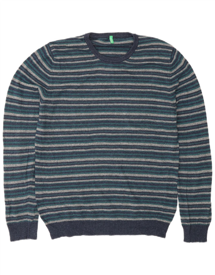 BENETTON Maglione da uomo girocollo in lana a righe grandi blu navy