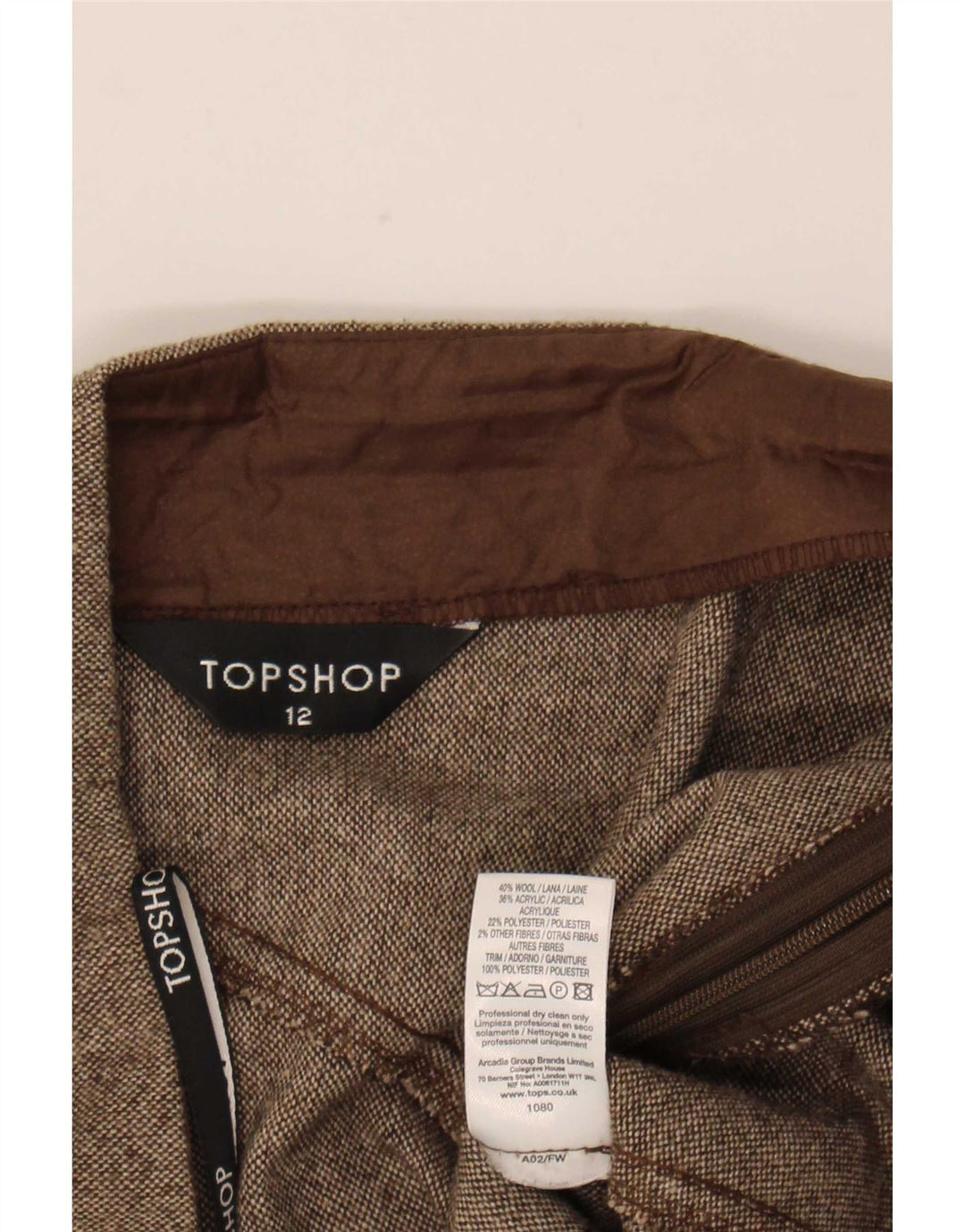 Gonna a trapezio da donna Topshop UK 12 media W32 lana marrone
