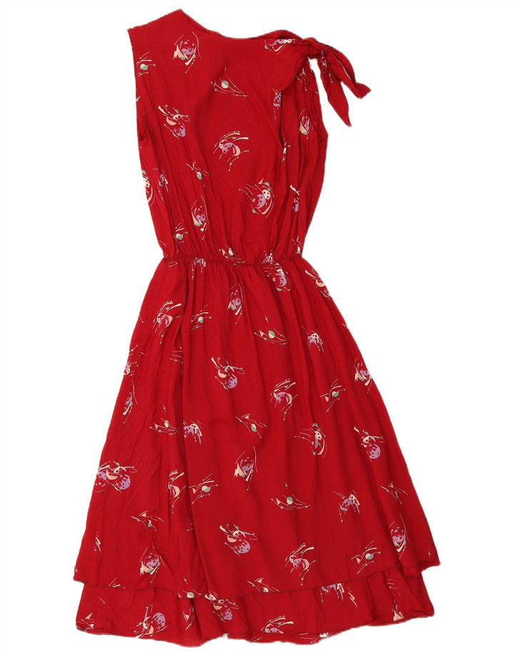 Abito a trapezio senza maniche con motivo astratto da donna vintage UK 12 rosso medio