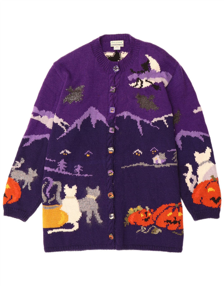 Maglione cardigan grafico da donna VINTAGE UK 20 2XL Lana color block viola