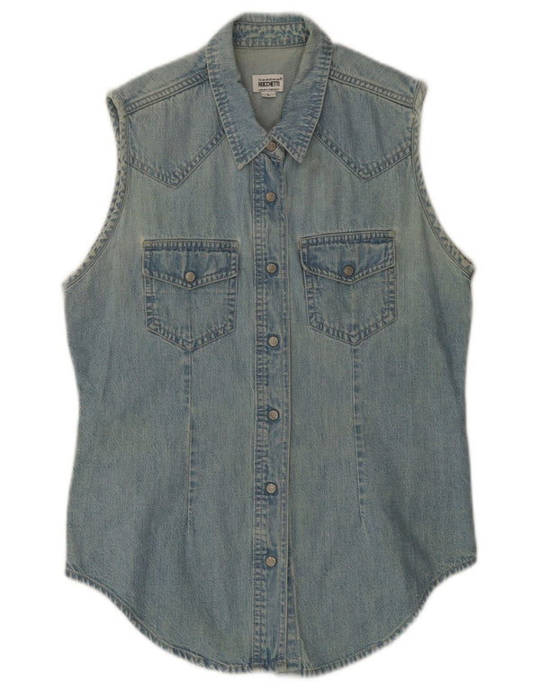 Camicia di jeans senza maniche vintage da donna UK 14 grande cotone blu