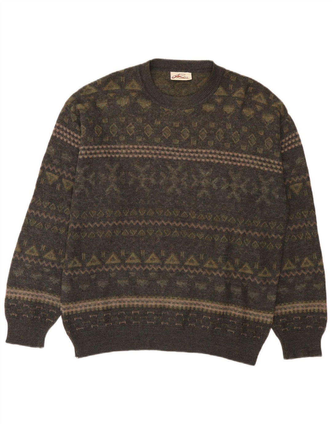 Rodes Maglione girocollo da uomo in lana Fair Isle color kaki medio