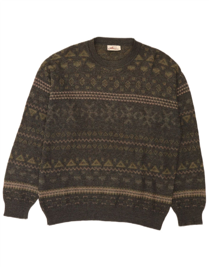 Rodes Maglione girocollo da uomo in lana Fair Isle color kaki medio