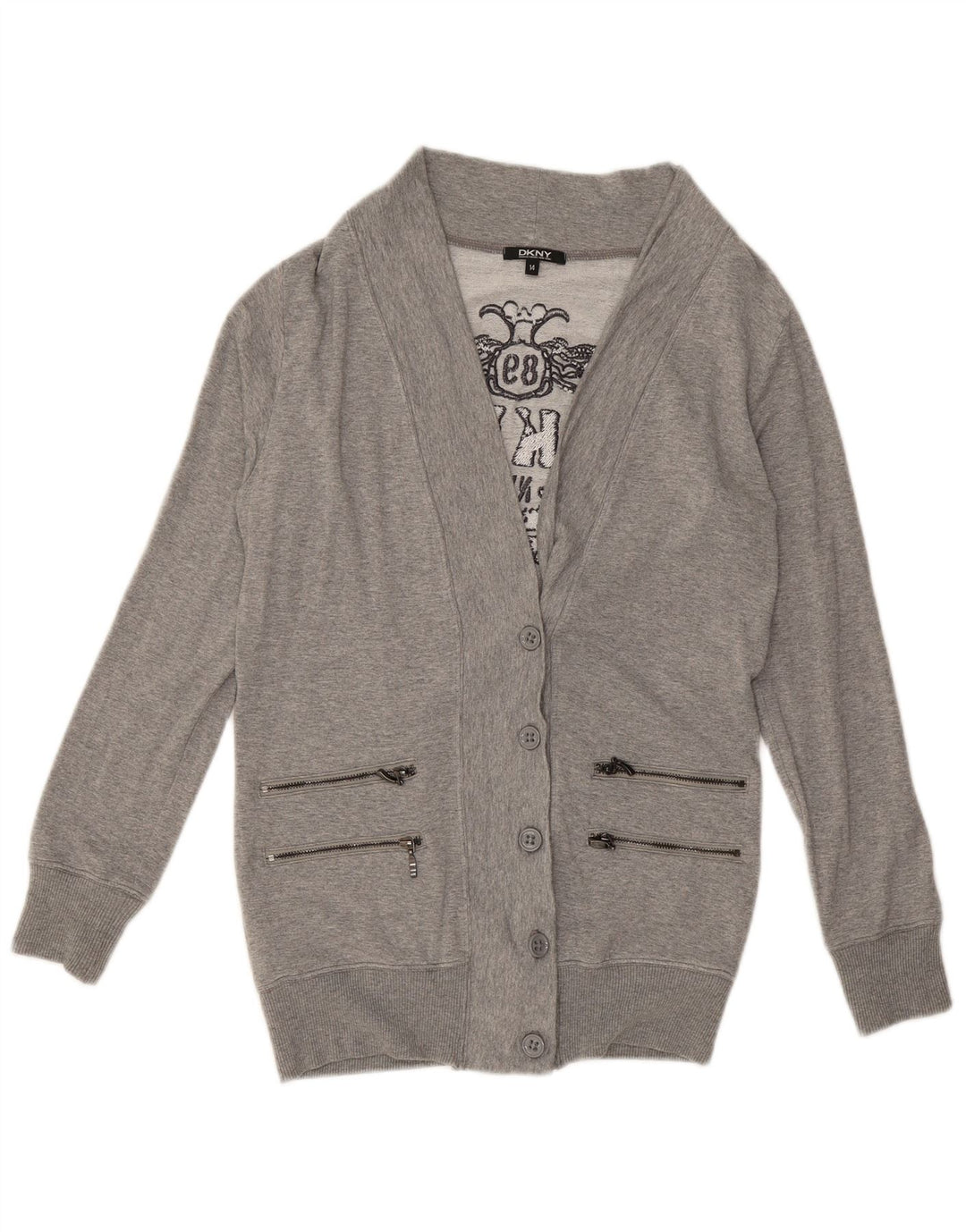 Maglione cardigan grafico da donna DKNY UK 14 Viscosa screziata grigio medio