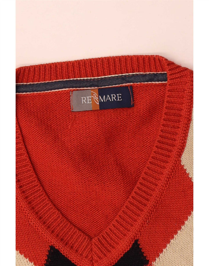 Maglione da uomo con scollo a V Re Del Mare, lana media arancione a rombi/diamante
