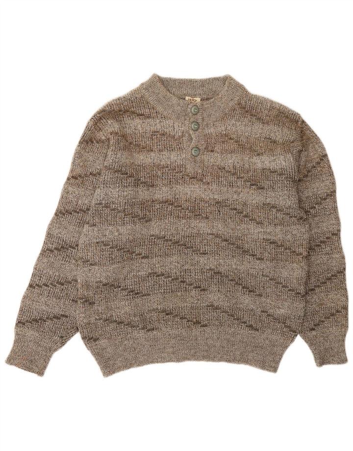 Maglione da donna vintage con collo a bottoni, UK 16, lana a righe marroni grandi