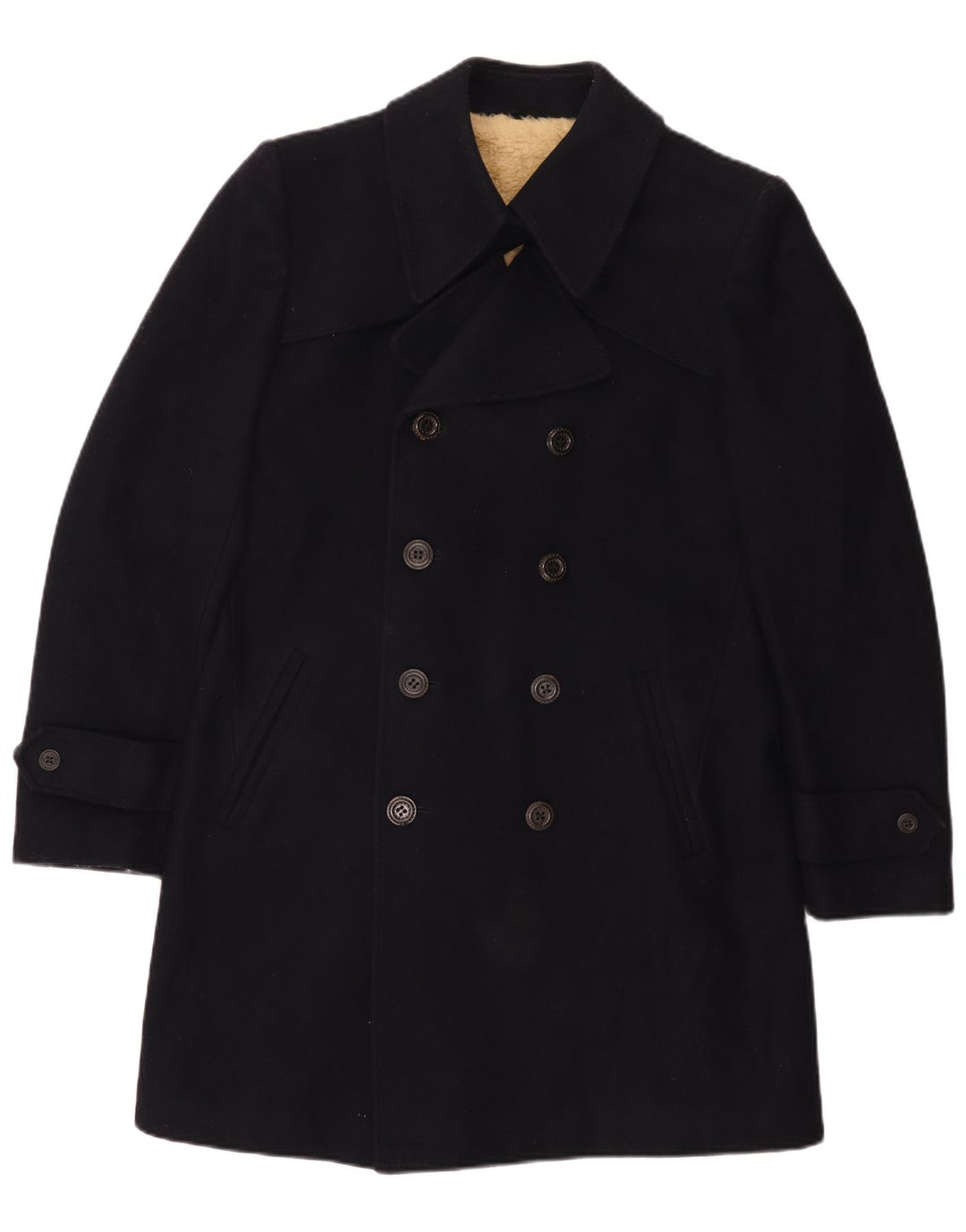 Cappotto doppiopetto sherpa vintage da uomo UK 36 piccolo blu navy