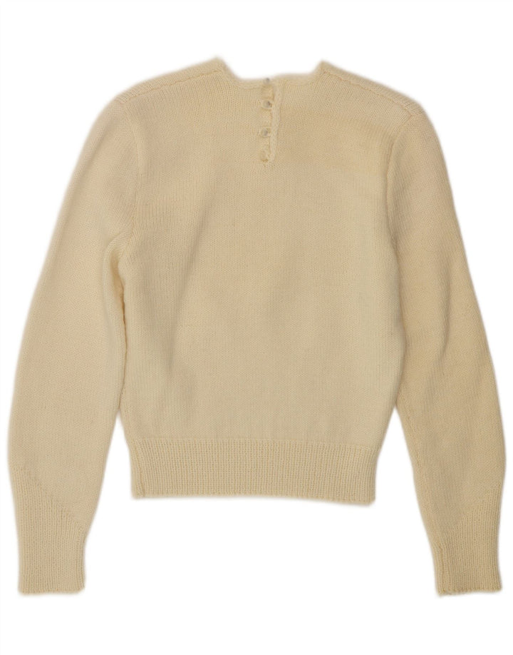 Maglione maglione girocollo da donna VINTAGE UK 10 piccolo bianco sporco