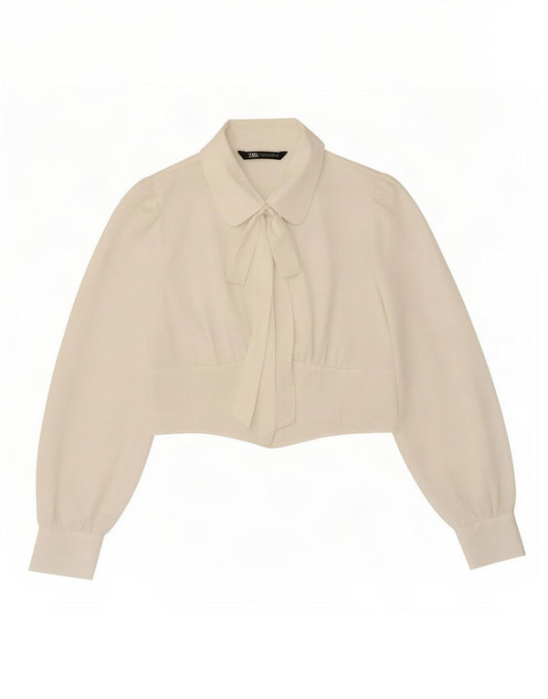 Zara, camicetta da donna con cravatta corta sul davanti, taglia UK 14, grande, poliestere bianco