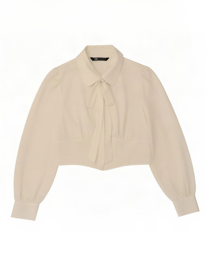Zara, camicetta da donna con cravatta corta sul davanti, taglia UK 14, grande, poliestere bianco