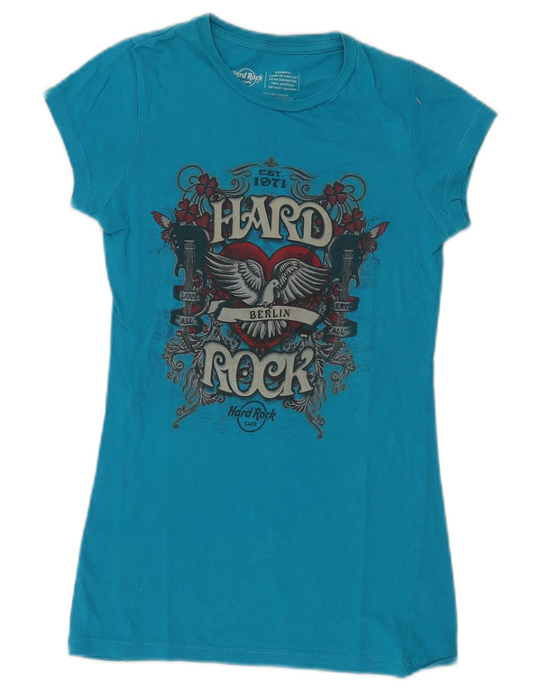 T-shirt grafica da donna Hard Rock Cafe Berlino Top UK 2 2XS cotone blu