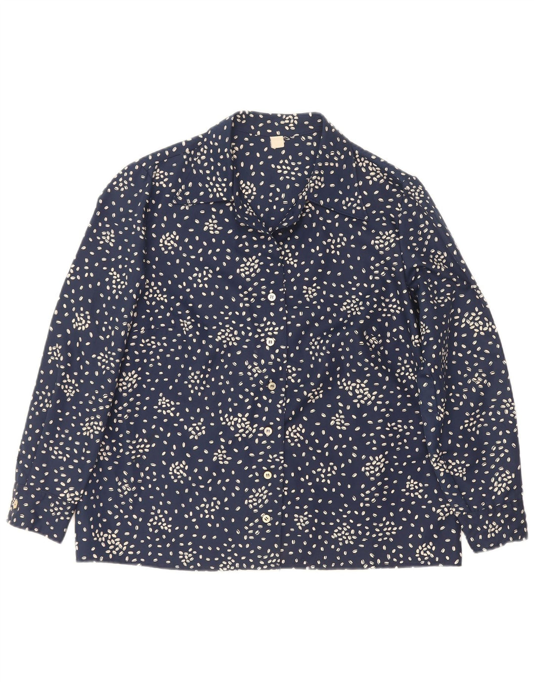 Camicetta camicia vintage da donna UK 16 grande poliestere maculato blu navy