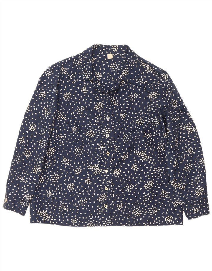 Camicetta camicia vintage da donna UK 16 grande poliestere maculato blu navy