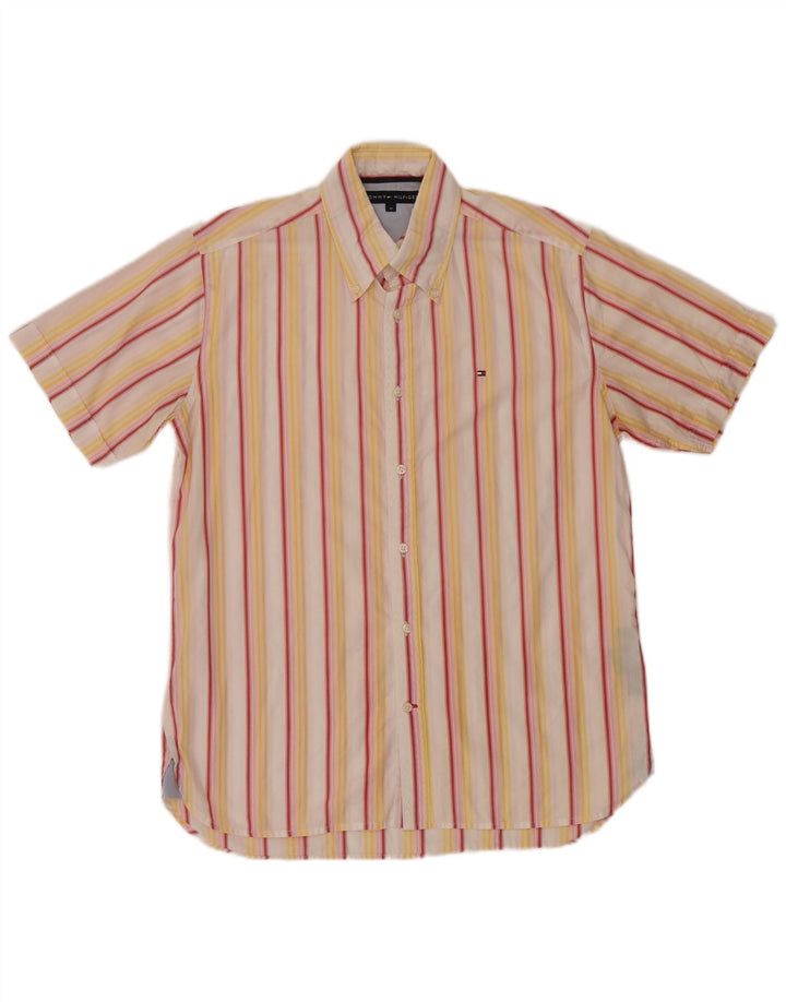 Camicia a maniche corte da uomo Tommy Hilfiger in cotone a righe gialle medie