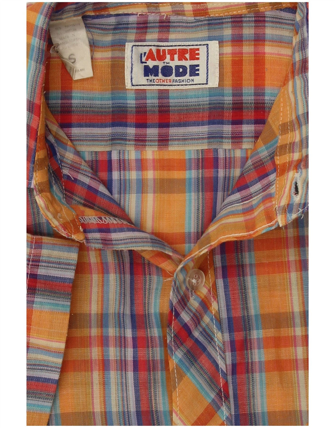 Camicia vintage da uomo a maniche corte in poliestere a quadri arancione piccolo