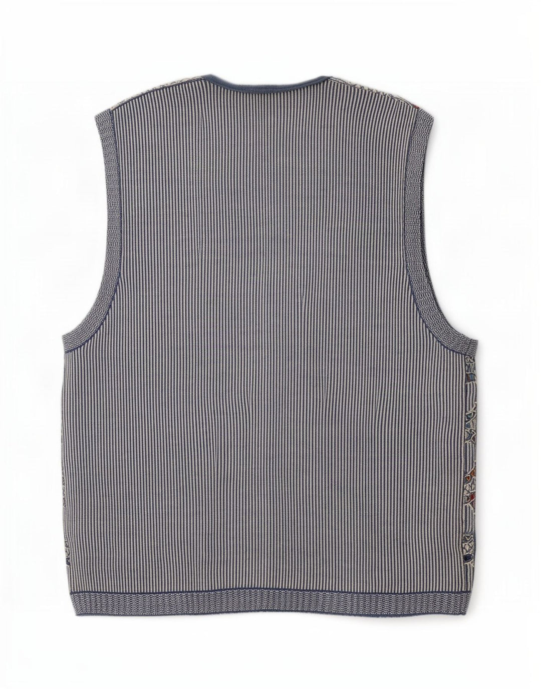 Maglione cardigan senza maniche vintage da uomo blu medio geometrico
