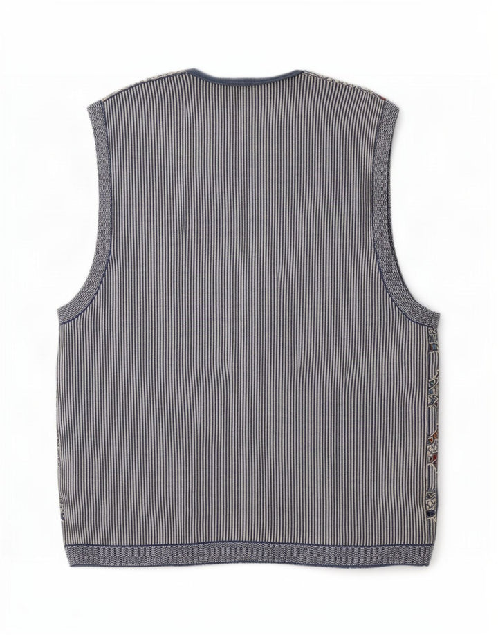 Maglione cardigan senza maniche vintage da uomo blu medio geometrico