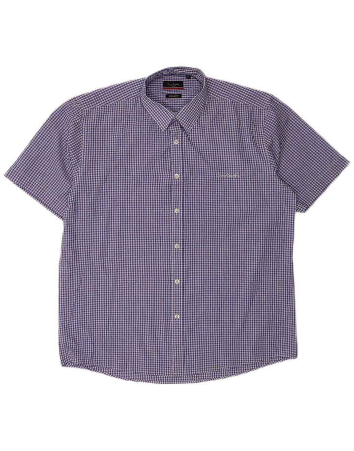 Pierre Cardin Camicia da uomo a maniche corte vestibilità regolare XL Poliestere a quadretti blu