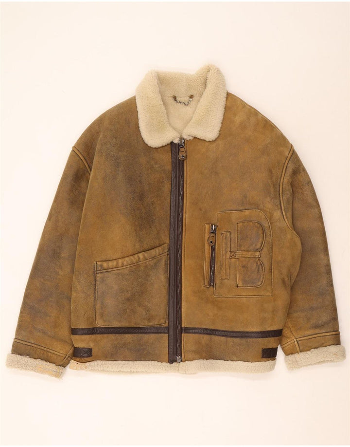 Giacca in pelle shearling vintage da uomo UK 42 XL Marrone