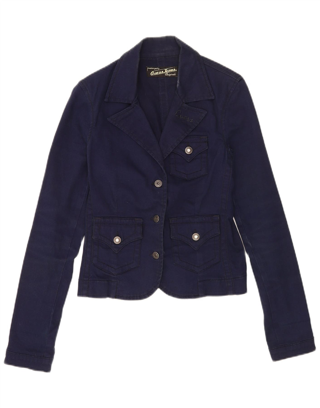Giacca blazer da donna a 3 bottoni Guess UK 10 piccola in cotone blu navy