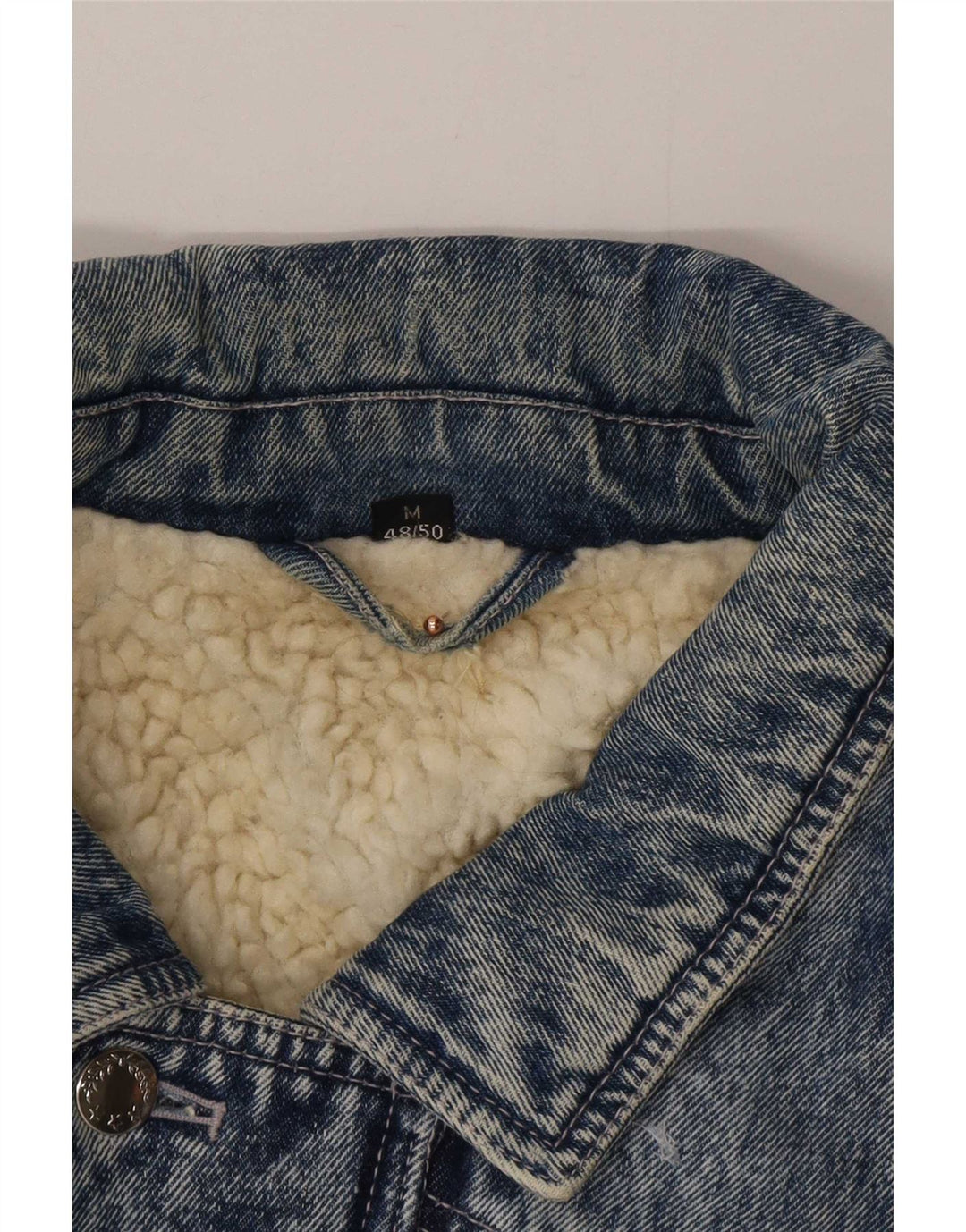 Giacca vintage in denim Sherpa da uomo IT 48/50 in cotone color block blu medio