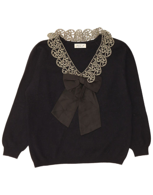 LETIZIA L. Maglione da donna con scollo a V UK 16 Grande lana Paisley nera