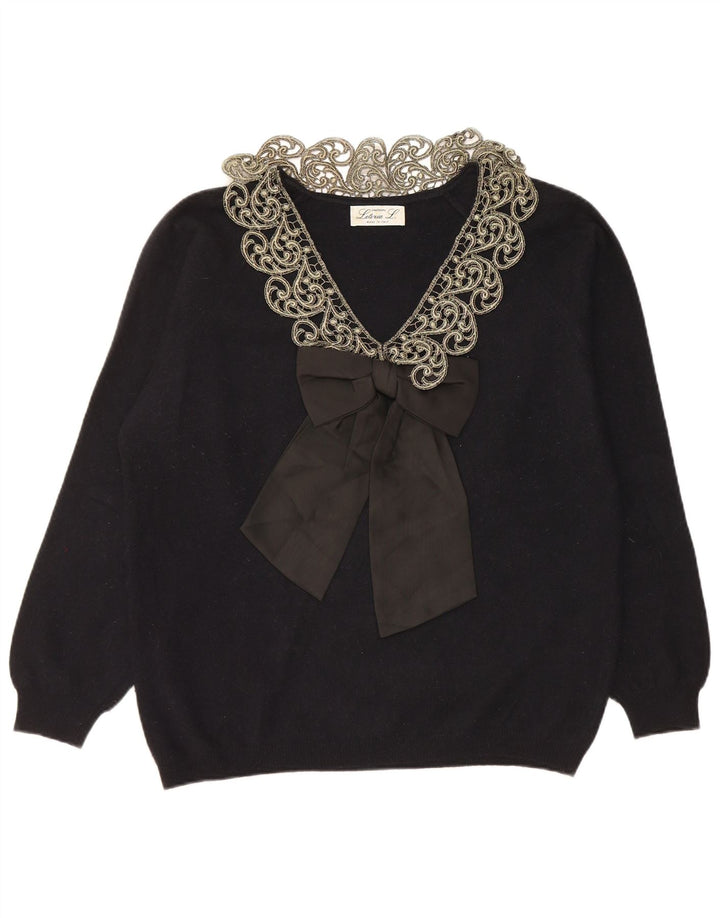 LETIZIA L. Maglione da donna con scollo a V UK 16 Grande lana Paisley nera